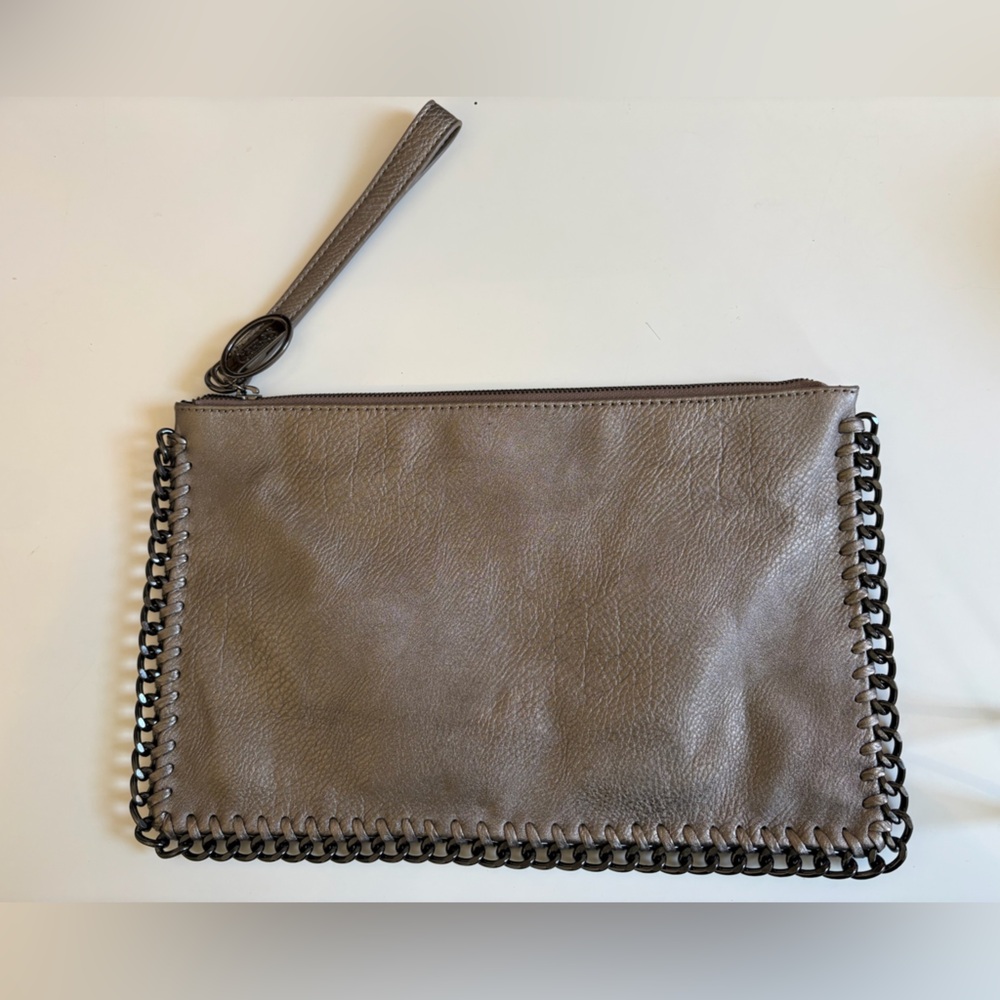 Carlos Santana Metallic Taupe Chain Trim Wristlet Clutch Zipper Bag